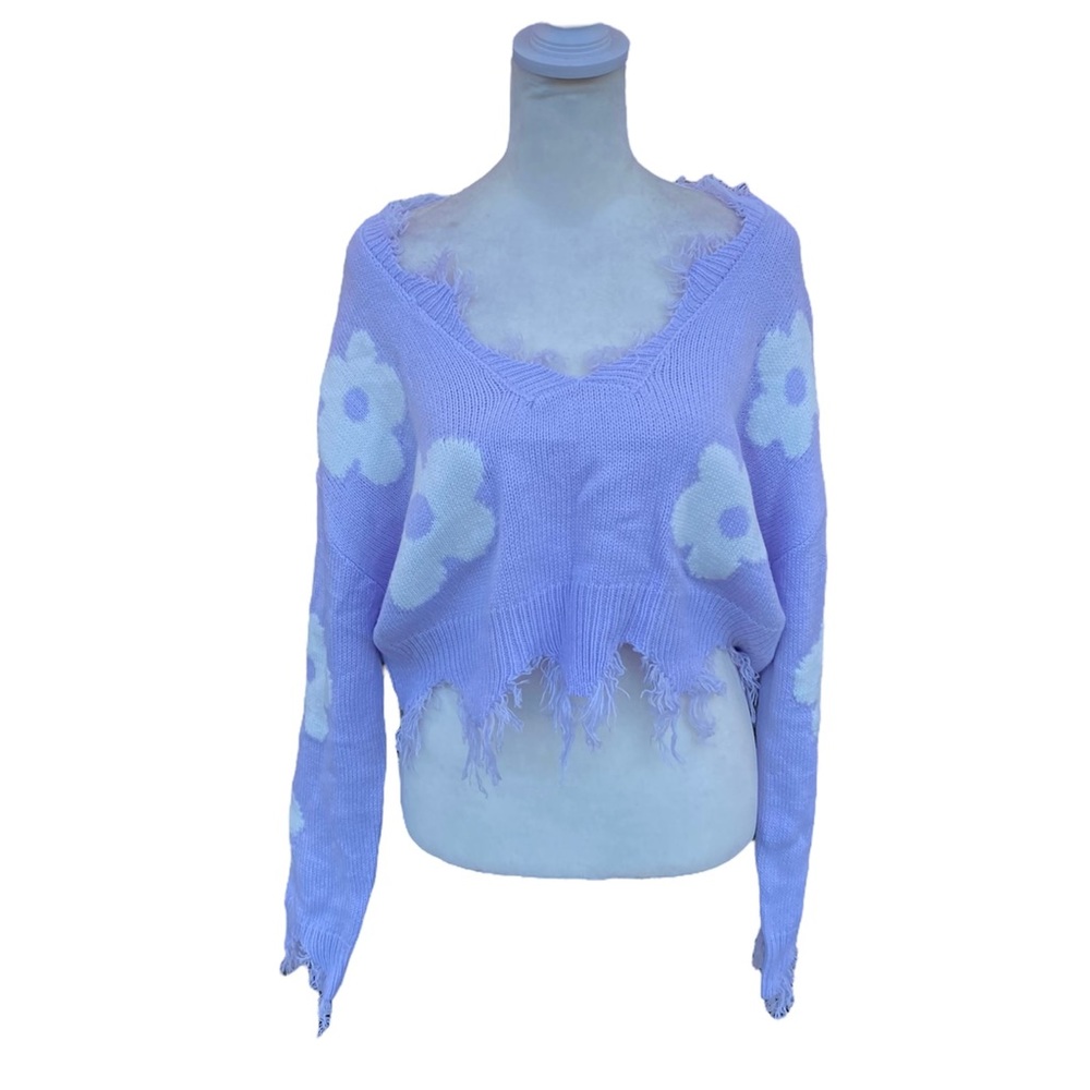 Just Polly Lavender Y2K Flower Distressed Cropped Knit Top